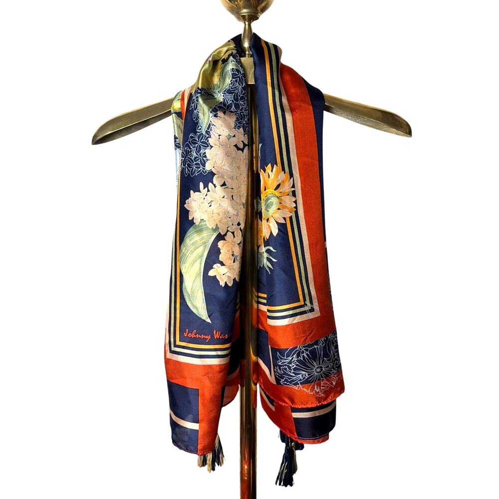 Johnny Was Silk Floral Tassel Scarf | Navy Blue & Rust Red Botanical Print